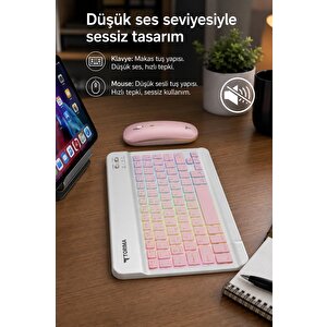 Kablosuz Klavye Mouse Seti Rgb Işıklı Şarj Edilebilir Tmk09 Mor