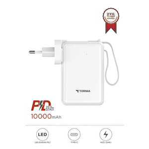 Taşınabilir Batarya 10000 Mah Type-c Hızlı Şarj Dijital Göstergeli 22,5w Powerbank Trm-1017 Beyaz