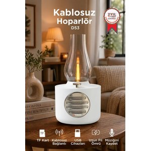 Bluetooth Hoparlör Vintage Gaz Lambası Işıklı Şarjlı Speaker D53 Beyaz