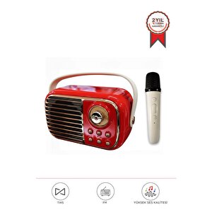 Bluetooth Hoparlör Nostaljik Radyo Mikrofonlu Rgb Işıklı Tws Usb Tf Speaker Bts-1956 Kırmızı