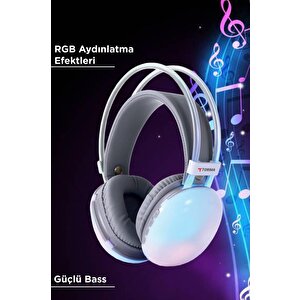 Bluetooth Kulaklık Kulak Üstü Rgb Işıklı Kablosuz Kulaklık Hd-40 Beyaz