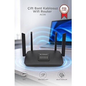 Çift Bant Kablosuz Wifi Router 1200mbps 2.4ghz Ve 5ghz 4 Antenli Ac06 Siyah Siyah