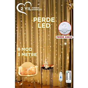 Lw-7 300 Ledli 10 Sarkıt Perde Led Işık, 8 Modlu Uzaktan Kumandalı, 3x3 Metre Peri Telli Led