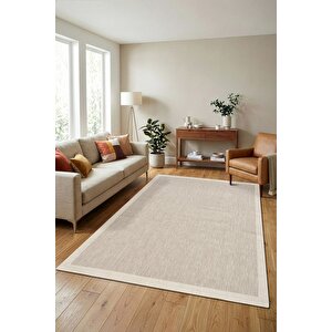Çerçeveli Bohem Dokunuşlu Doğal Tonlarda Modern Sisal Bej - Krem Renk Halı 80x150 cm