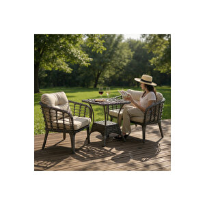 Kartepe 2 1 1 Rattan Bahçe Balkon Takımı,antrasit Gri Rattan/gri Kumaş Antrasit