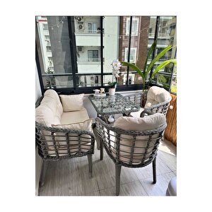 Kartepe 2 1 1 Rattan Bahçe Balkon Takımı,gri Rattan/krem Kumaş Gri