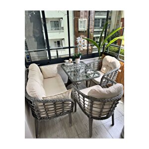 Kartepe 2 1 1 Rattan Bahçe Balkon Takımı,gri Rattan/krem Kumaş