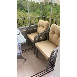 Kartepe 2 1 1 Rattan Bahçe Balkon Takımı,bej Kumaş/gri Rattan Örgü