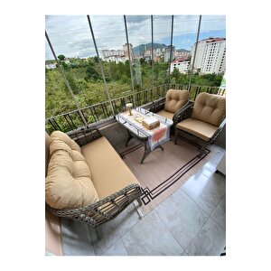 Kartepe 2 1 1 Rattan Bahçe Balkon Takımı,bej Kumaş/gri Rattan Örgü