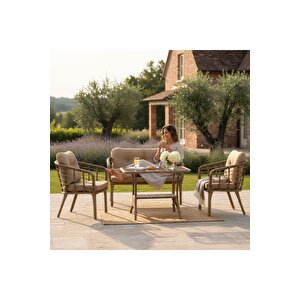 Kartepe 2 1 1 Rattan Bahçe Balkon Takımı,saman Rattan/bej Kumaş Altın Sarısı