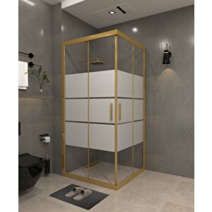 90 X 90 Kumlama  Cam Desen 03  Kare Köşe Girişli Kabin Gold Profil 6mm 90x90 cm