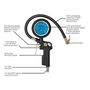 Wp314063 16bar Yağlı Basınç Göstergeli Profesyonel Havalı Lastik Şişirme Tabancası