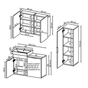 Dubai Mdflam Sepetli Banyo Dolabı Seti, Lavabolu Alt Dolap + Aynalı Banyo Üst Dolabı + Boy Dolabı Kül Gri
