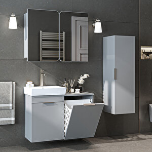 Dubai Mdflam Sepetli Banyo Dolabı Seti, Lavabolu Alt Dolap + Aynalı Banyo Üst Dolabı + Boy Dolabı Kül Gri