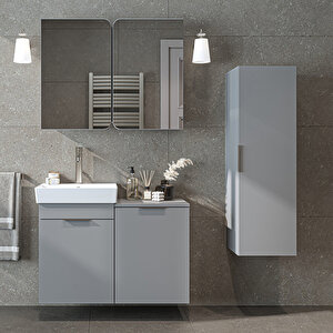 Dubai Mdflam Sepetli Banyo Dolabı Seti, Lavabolu Alt Dolap + Aynalı Banyo Üst Dolabı + Boy Dolabı