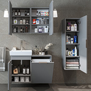 Dubai Mdflam Sepetli Banyo Dolabı Seti, Lavabolu Alt Dolap + Aynalı Banyo Üst Dolabı + Boy Dolabı