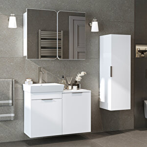 Dubai Mdflam Sepetli Banyo Dolabı Seti, Lavabolu Alt Dolap + Aynalı Banyo Üst Dolabı + Boy Dolabı Beyaz