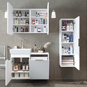 Dubai Mdflam Sepetli Banyo Dolabı Seti, Lavabolu Alt Dolap + Aynalı Banyo Üst Dolabı + Boy Dolabı