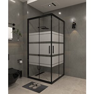 80 X 80   Kumlama  Cam Desen 04  Kare Köşe Girişli Kabin Siyah Profil 6mm 80x80 cm