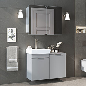 Dubai Sepetli Mdflam Banyo Dolabı, Lavabolu Banyo Alt Dolabı + Aynalı Banyo Üst Dolabı Takımı Kül Gri