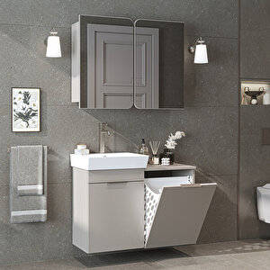 Dubai Sepetli Mdflam Banyo Dolabı, Lavabolu Banyo Alt Dolabı + Aynalı Banyo Üst Dolabı Takımı Kumtaşı