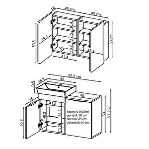 Dubai Sepetli Mdflam Banyo Dolabı, Lavabolu Banyo Alt Dolabı + Aynalı Banyo Üst Dolabı Takımı Kumtaşı