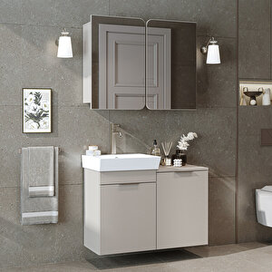 Dubai Sepetli Mdflam Banyo Dolabı, Lavabolu Banyo Alt Dolabı + Aynalı Banyo Üst Dolabı Takımı Kumtaşı