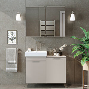 Dubai Sepetli Mdflam Banyo Dolabı, Lavabolu Banyo Alt Dolabı + Aynalı Banyo Üst Dolabı Takımı