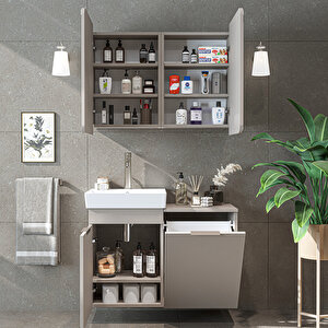 Dubai Sepetli Mdflam Banyo Dolabı, Lavabolu Banyo Alt Dolabı + Aynalı Banyo Üst Dolabı Takımı