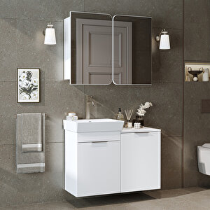 Dubai Sepetli Mdflam Banyo Dolabı, Lavabolu Banyo Alt Dolabı + Aynalı Banyo Üst Dolabı Takımı Beyaz