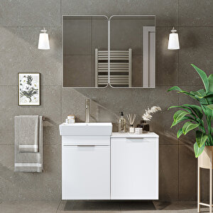 Dubai Sepetli Mdflam Banyo Dolabı, Lavabolu Banyo Alt Dolabı + Aynalı Banyo Üst Dolabı Takımı