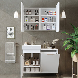 Dubai Sepetli Mdflam Banyo Dolabı, Lavabolu Banyo Alt Dolabı + Aynalı Banyo Üst Dolabı Takımı