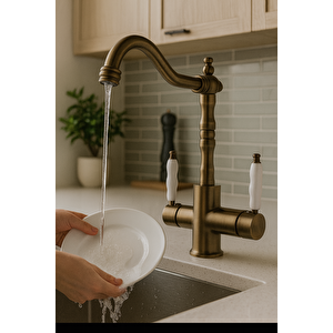Rusti̇k Anti̇k Aritmali 3 Yollu Mutfak Evye Bataryasi Pri̇nç Lüks Musluk Garanti̇li̇ Porselen Kol Armatür