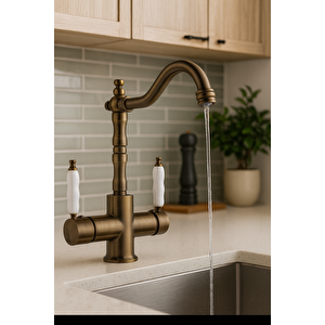 Rusti̇k Anti̇k Aritmali 3 Yollu Mutfak Evye Bataryasi Pri̇nç Lüks Musluk Garanti̇li̇ Porselen Kol Armatür