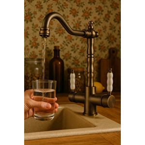 Rusti̇k Anti̇k Aritmali 3 Yollu Mutfak Evye Bataryasi Pri̇nç Lüks Musluk Garanti̇li̇ Porselen Kol Armatür