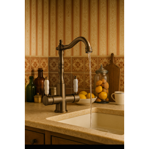 Rusti̇k Anti̇k Aritmali 3 Yollu Mutfak Evye Bataryasi Pri̇nç Lüks Musluk Garanti̇li̇ Porselen Kol Armatür