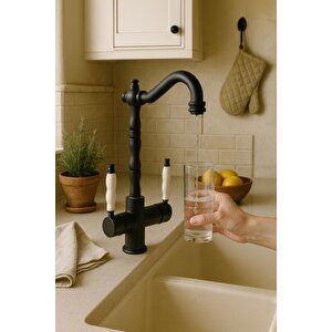Rusti̇k Si̇yah Aritmali 3 Yollu Mutfak Evye Bataryasi Pri̇nçlüks Musluk Garanti̇li̇ Porselen Kol Armatür