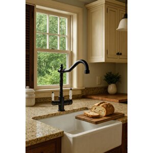 Rusti̇k Si̇yah Aritmali 3 Yollu Mutfak Evye Bataryasi Pri̇nçlüks Musluk Garanti̇li̇ Porselen Kol Armatür