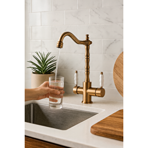 Rusti̇k Mat Gold Aritmali 3 Yollu Mutfak Evye Batarya Pri̇nçlüks Musluk Garanti̇ Porselen Kol Armatür