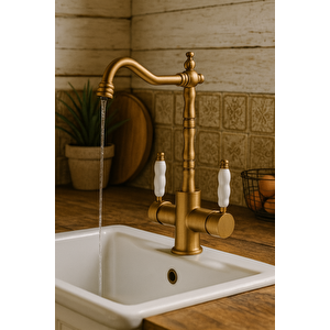 Rusti̇k Mat Gold Aritmali 3 Yollu Mutfak Evye Batarya Pri̇nçlüks Musluk Garanti̇ Porselen Kol Armatür