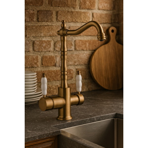 Rusti̇k Mat Gold Aritmali 3 Yollu Mutfak Evye Batarya Pri̇nçlüks Musluk Garanti̇ Porselen Kol Armatür