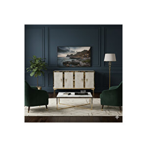 Ka1207btg Tuna120 Konsol, Kahve Köşesi̇ Ve Tv Sehpasi Beyaz-traverten Kapak-gold 120cm