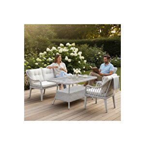 Kaş 3 1 1 Masa Rattan Bahçe Balkon Mutfak Takımı,krem Kumaş/beyaz Rattan Beyaz