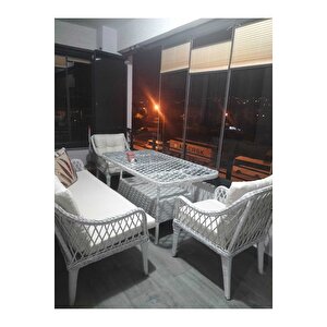 Kaş 3 1 1 Masa Rattan Bahçe Balkon Mutfak Takımı,krem Kumaş/beyaz Rattan Beyaz