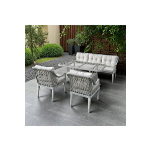 Kaş 3 1 1 Masa Rattan Bahçe Balkon Mutfak Takımı,krem Kumaş/beyaz Rattan Beyaz