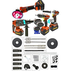 Redpro 4in1 Akülü 4'lü Set – Taşlama + Hilti + Matkap + Somun Sıkma (3.0ah X3 Akülü 10 Pilli)