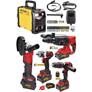 Süper Seri 5'li 200a Kaynak Makinesi + 3akülü Şarjlı Somun Sıkma Taşlama Kırıcı Delici Matkap Seti