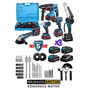 Kömürsüz Seri 5’li Güç Seti + 20 Aksesuar | Akülü Budama, Matkap, Kırıcı, Taşlama, Somun Sökme