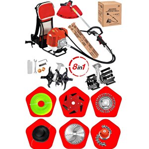8in1 Benzinli 20hpx Çim Çayır Ot Biçme Bahçe Bakımı Sırt Tipi Tırpan + 8'li Süper Set Çapa Başlığı