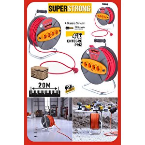 Atölye Ve Ev Tipi Makaralı Uzatma Kablosu 20mt – 3x2.5 Mm² – 4 Priz Dörtlü Seyyar Uzatma Kablosu